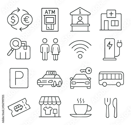 Travel and tourism icon collection, with transportation and accommodation symbols