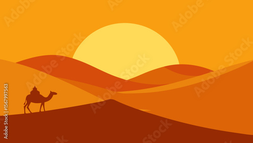 Landscape of Rolling Sand Dunes with a Camel Caravan
