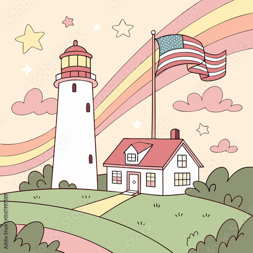 lighthouse, house, landscape, rainbow, clouds, stars, digital art, whimsical, pastel colors, hand-drawn, vector illustration
