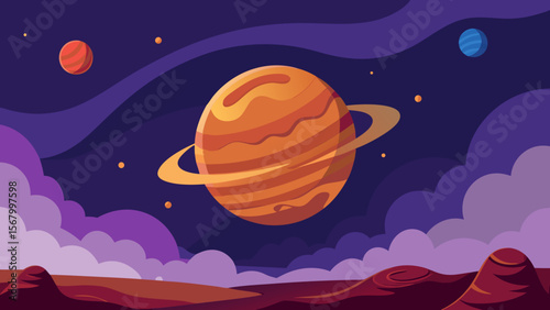 Landscape on a Moon of a Gas Giant with Rings Visible