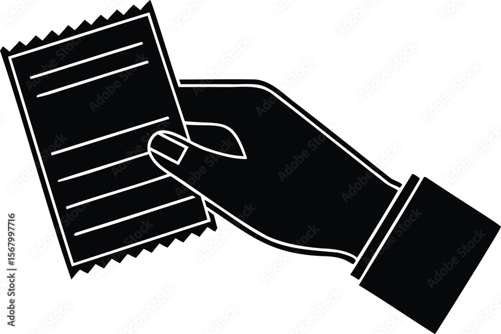Obraz premium Hand holding a receipt with lines information paper purchase document silhouette black vector illustration