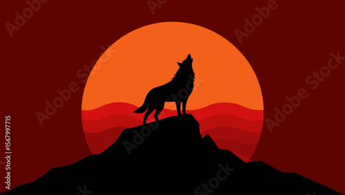 Lone Wolf Howling on a Rocky Ridge Silhouetted Against Moon