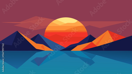 Low Poly Style Illustration of a Mountain Lake Landscape