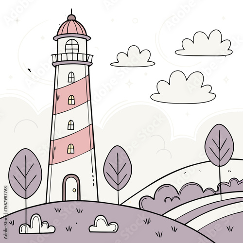 Detailed illustration of a lighthouse, whimsical landscape, colorful architecture, pink and white striped tower, clouds, trees, hills, digital art
