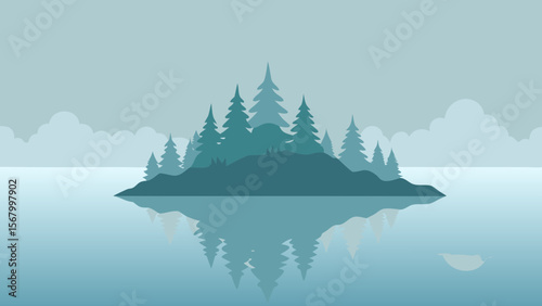 Minimalist Landscape of a Mysterious Foggy Lake with Hidden Depths