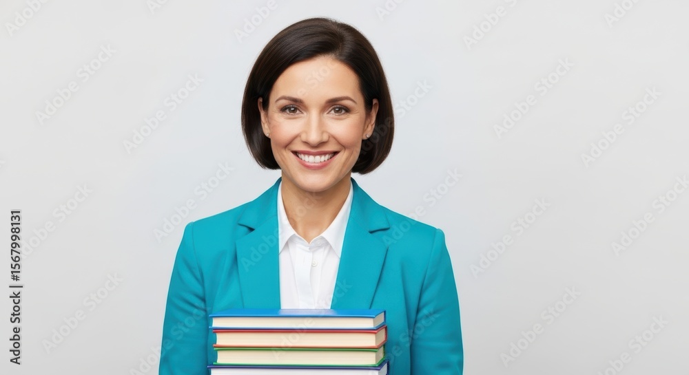 Smiling young caucasian female professional holding colorful books in blue attire Smiling young caucasian female professional holding colorful books in blue attire