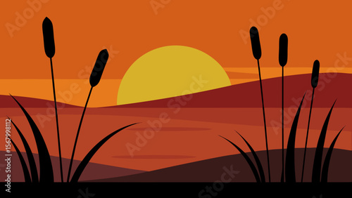Minimalist Scene of Reeds and Cattails Silhouetted Against Water