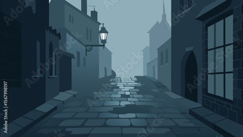 Moody Illustration of a Foggy Cobblestone Alley Mysterious Urban Scene