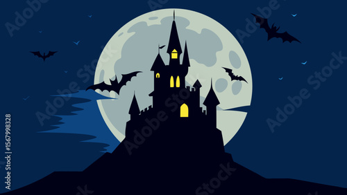 Moody Vector of a Dark Castle Silhouetted Against the Moonlit Sky