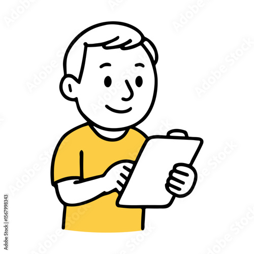 Young Man Holding Clipboard in Yellow Shirt. Office Worker, Office Task, Note Taking Concepts Simple Line Doodle Style Hand-Drawn Vector Illustration