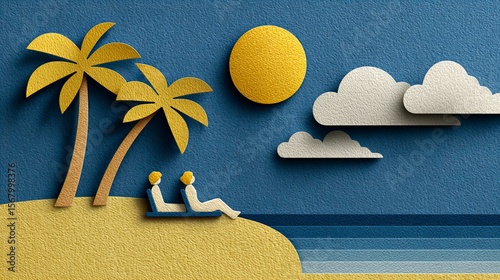 paper cutout of a couple sunbathing on the sunny beach with palms and clouds