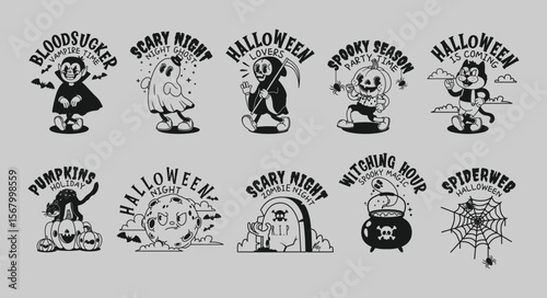 Comic Halloween characters. Retro spooky mascots with lettering. Funny pumpkins and cats, vampire, death, black cat, magic cauldron. Scary Happy Halloween vector set