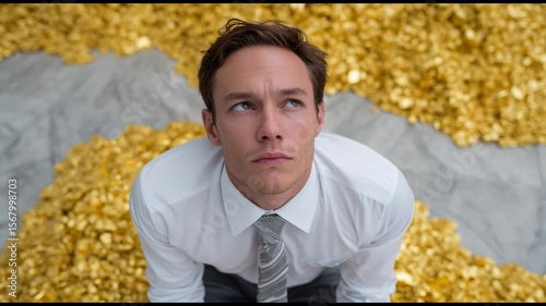 Wallpaper Mural A White man in formal attire gazes upward with a contemplative expression amidst a shimmering pile of gold coins Torontodigital.ca