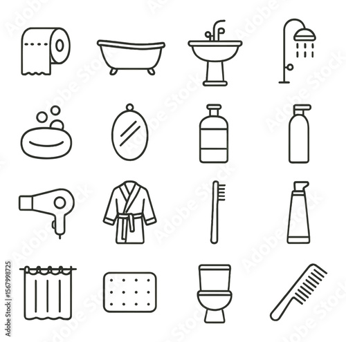 Bathroom essentials collection, personal care symbols. hygiene and grooming icon set