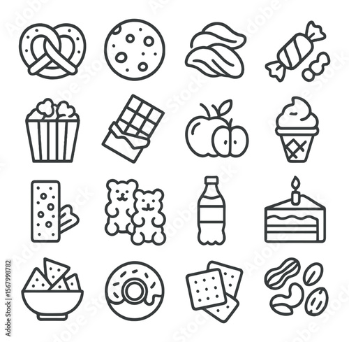 Snack food collection, tasty treats icons. sweet and savory snack symbols set