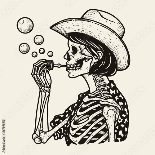 Cowgirl Female skeleton with leopard print Blowing bubbles. Cowboy Western American Cartoon Animal Clipart Line Art Vector Illustration. gal bony figure feline pattern creating sphere.