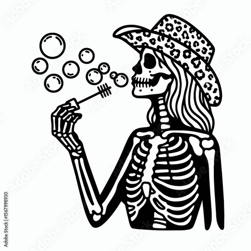 Cowgirl Female skeleton with leopard print Blowing bubbles. Cowboy Western American Cartoon Animal Clipart Line Art Vector Illustration. gal bone figure wildcat pattern making air globes.