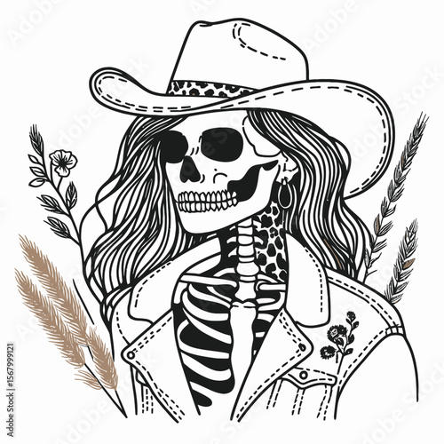 Cowgirl Female skeleton with leopard print Cheek to Cheek. Cowboy Western American Cartoon Animal Clipart Line Art Vector Illustration. .