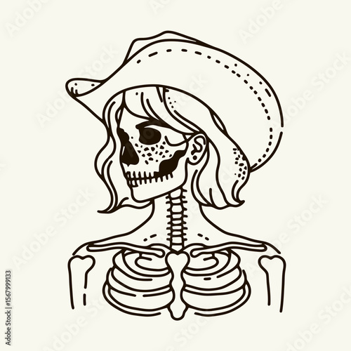 Cowgirl Female skeleton with leopard print Cheek to Cheek. Cowboy Western American Cartoon Animal Clipart Line Art Vector Illustration. .