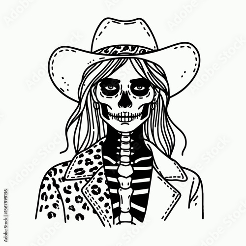 Cowgirl Female skeleton with leopard print Cheek to Cheek. Cowboy Western American Cartoon Animal Clipart Line Art Vector Illustration. .