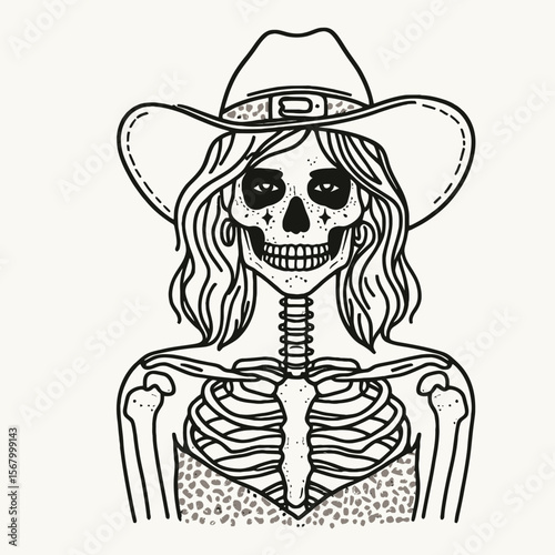 Cowgirl Female skeleton with leopard print Cheek to Cheek. Cowboy Western American Cartoon Animal Clipart Line Art Vector Illustration. .