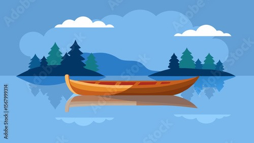 Peaceful Scene of a Wooden Canoe on a Perfectly Still Lake Reflection