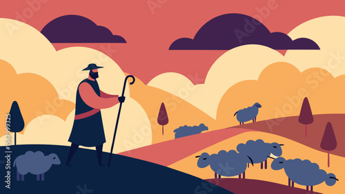Peaceful Scene of a Shepherd Guiding a Flock of Sheep in the Countryside