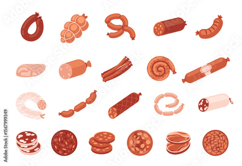 Sausages. Meat products. Pork sausage, chorizo salami ham, beef barbecue food, pepperoni, chicken smoked meat. Shopping, market butcher product. Oktoberfest festival. Vector set