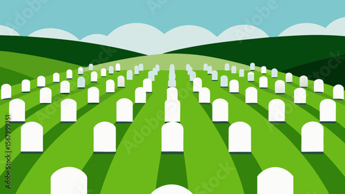 Perfectly Manicured Sprawling Cemetery Rows of Gravestones Peaceful
