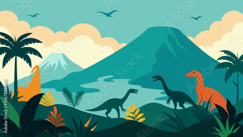 Prehistoric Landscape with Dinosaurs Roaming Through Ancient Wilderness