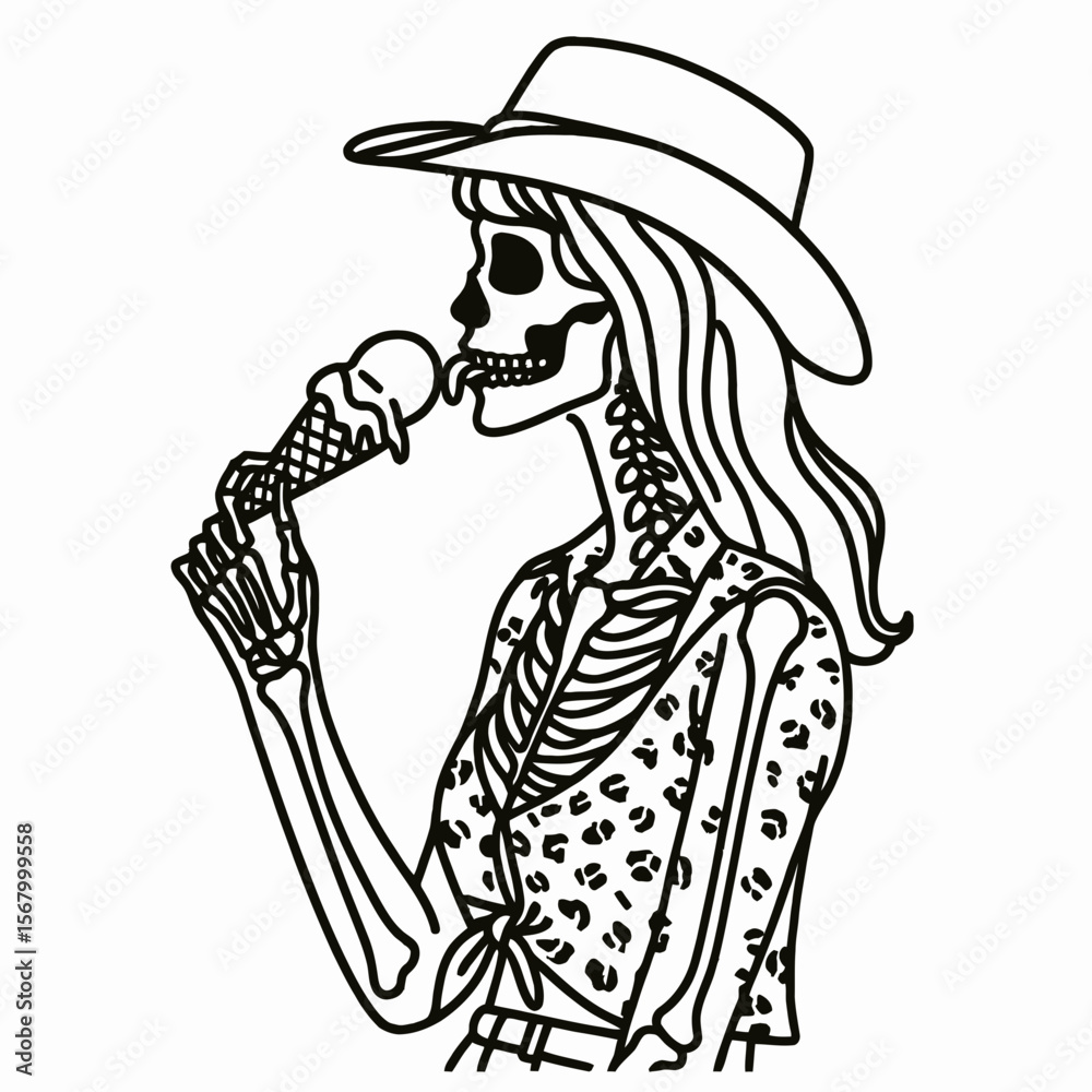 Fototapeta premium Cowgirl Female skeleton with leopard print eat ice cream. Cowboy Western American Cartoon Animal Clipart Line Art Vector Illustration. .