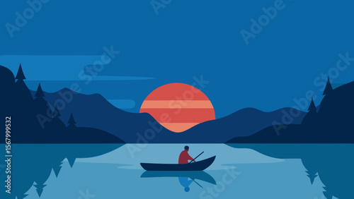 Serene Single Canoe on Calm Lake Peaceful Water Illustration