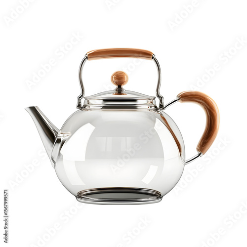 Modern glass teapot with wooden handle and lid isolated on transparent background