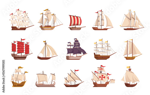 Old ship. Cartoon wooden sailboat. Vintage sea transportation. Sailing vessel, pirate ship, antique historic boat, schooner, frigate warship. Ship rigging, sails, masts vector set