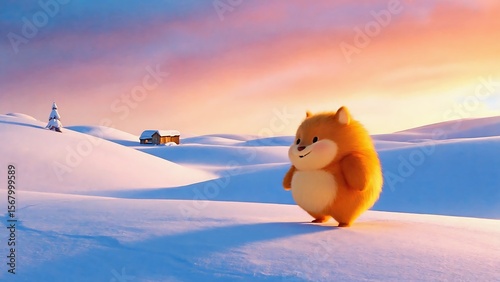 Whimsical winter landscape featuring a cute cartoon hamster, snow-covered hills, and a charming cabin at sunset.