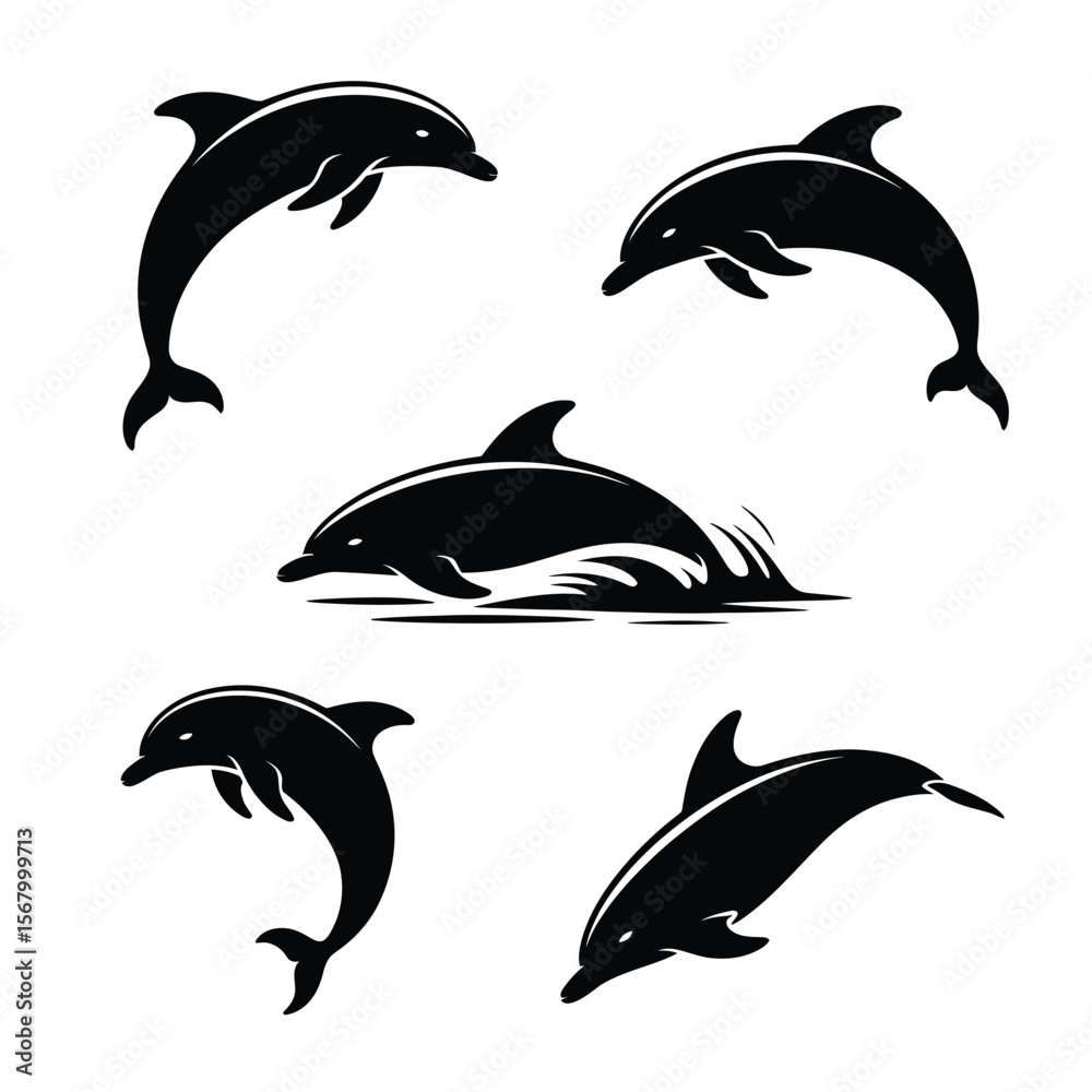 Fototapeta premium Five black dolphins jumping and splashing water ocean