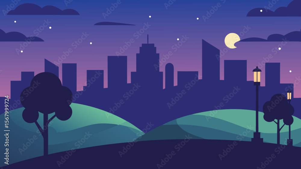 Fototapeta premium Stylized Cityscape at Dusk Park Overlook Urban Architecture Art