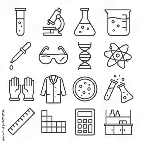 Science lab icon collection, laboratory symbols. research and experiment graphic set