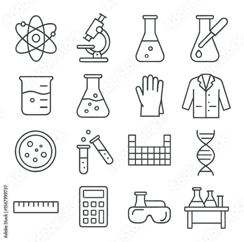Science lab icon collection, simple chemistry and biology symbols for research design