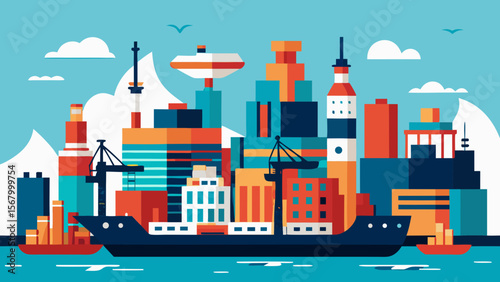 Stylized Bustling Harbor Ships Boats Maritime Industry Illustration