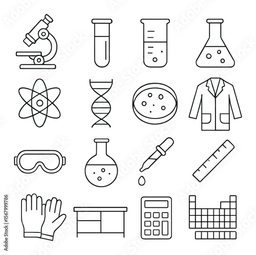 Science lab icon collection, scientific symbols. chemistry and research tools set