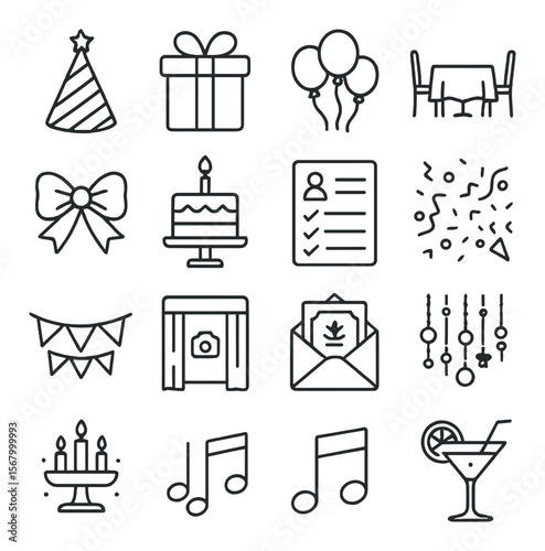 Party icons collection, festive celebration symbols. event design and party planning set