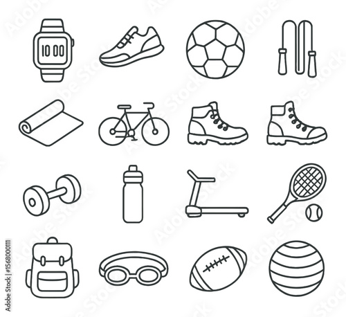 Sports equipment collection, fitness and activity essentials. exercise gear icon set