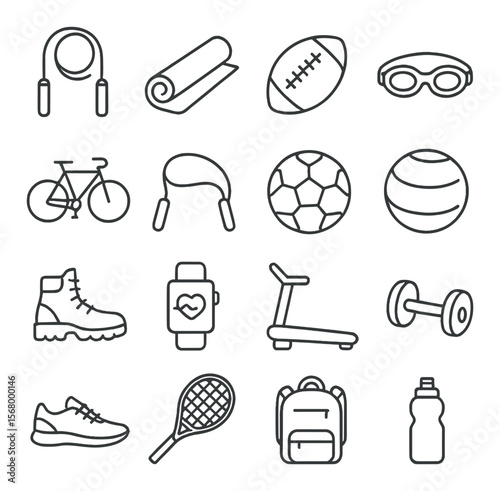 Sports equipment collection, athletic gear icons. exercise and fitness symbols set