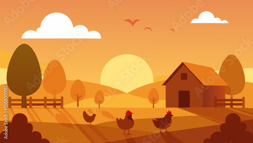 Tranquil Sunset Scene Small Farm Chickens Roosters Rural Agriculture