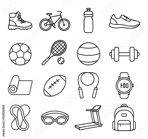Sports equipment collection, athletic gear symbols. fitness and exercise accessory set