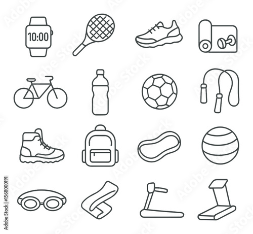 Fitness gear collection, exercise and gym icons. sports and workout design symbols set