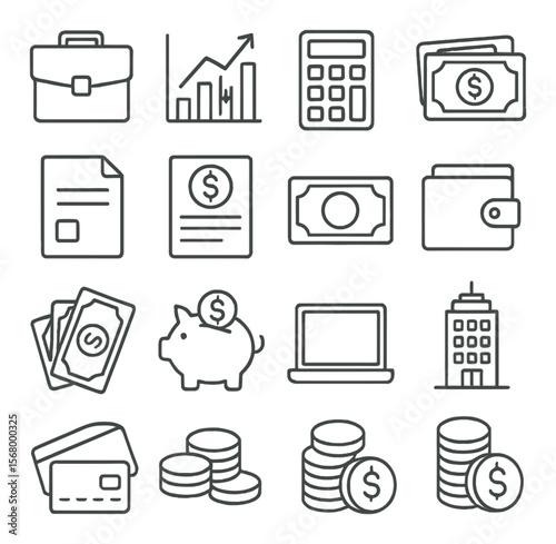 Financial icon collection, economy symbols and money signs for business tools