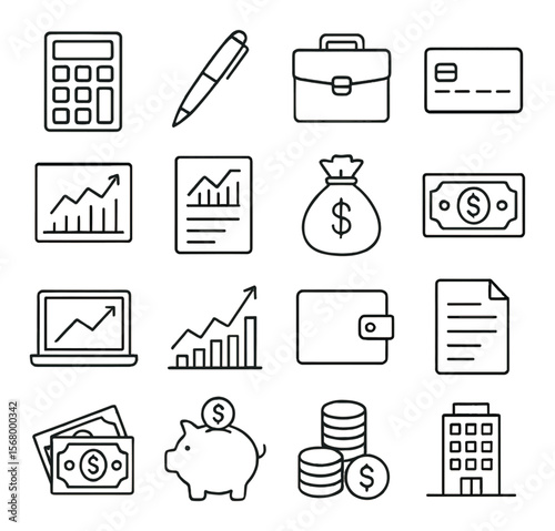 Finance icons collection, money and banking symbols. budget management and fiscal tools set