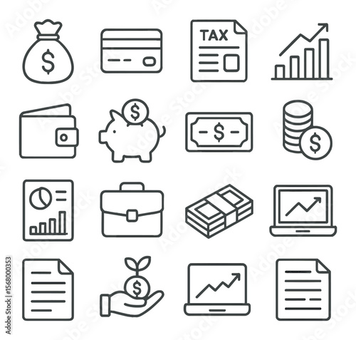 Financial icon collection, money management symbols. budgeting and savings set